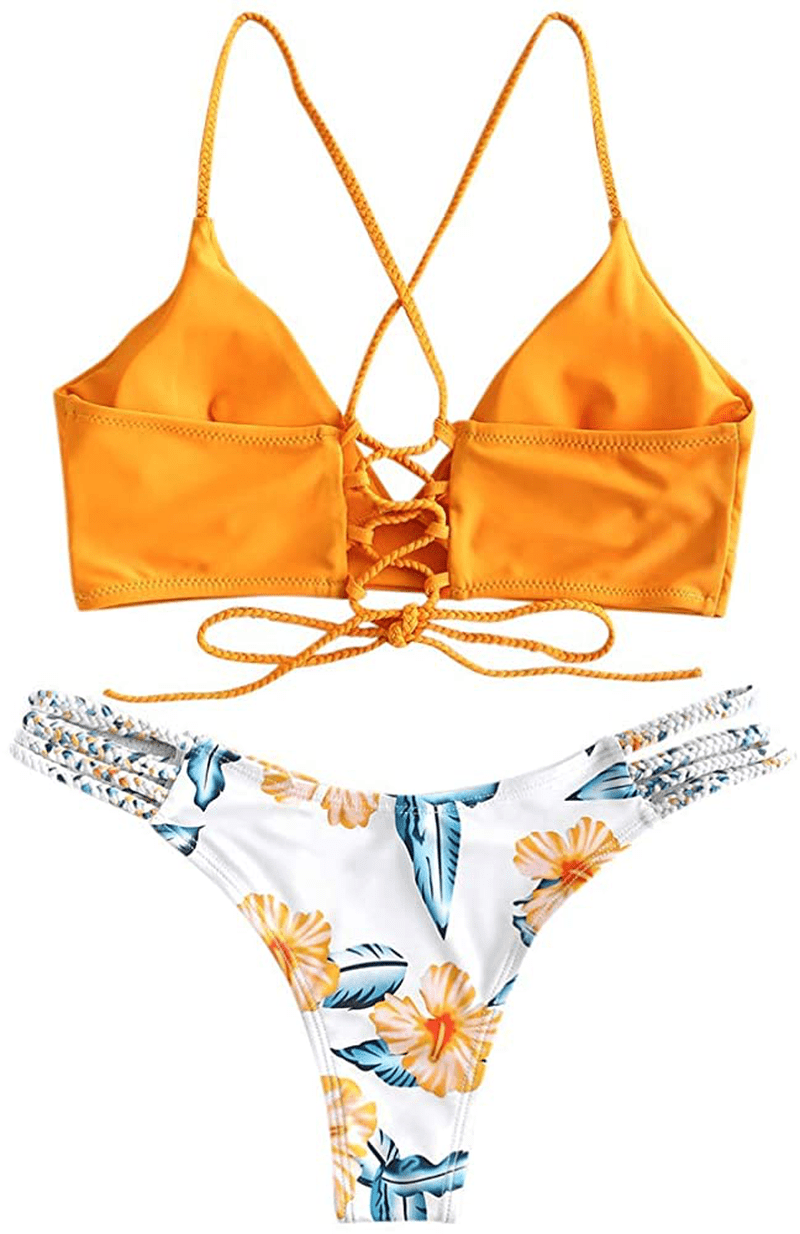 ZAFUL Women Braided Straps Lace up Contrast Bikini Set Bralette Swimsuit Flower Bathing Suit Cross Low Waist Swimwear  Kylie Max   