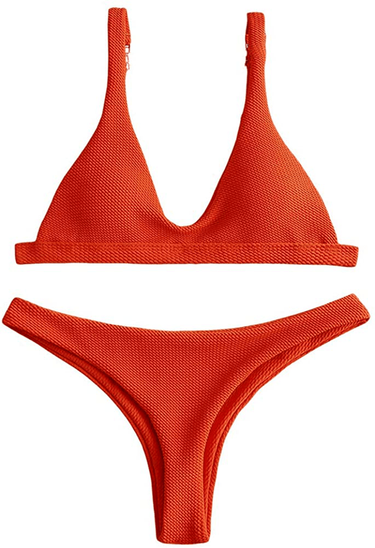 ZAFUL Women Padded Scoop Neck 2 Pieces Push Up Swimsuit Revealing Thong Bikinis V Bottom Style Brazilian Bottom Bra Sets Apparel & Accessories > Clothing > Swimwear ZAFUL Bright Orange Medium 