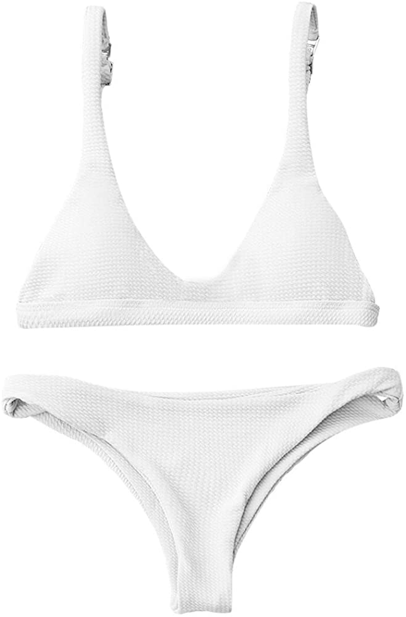 ZAFUL Women Padded Scoop Neck 2 Pieces Push Up Swimsuit Revealing Thong Bikinis V Bottom Style Brazilian Bottom Bra Sets Apparel & Accessories > Clothing > Swimwear ZAFUL White Large 
