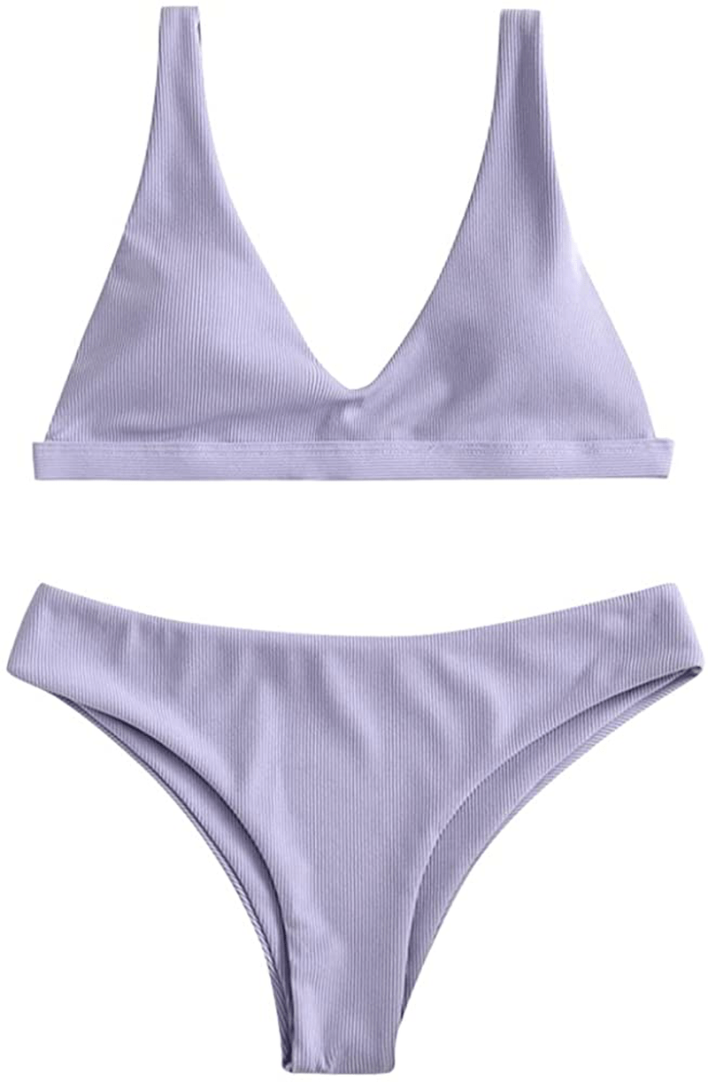 ZAFUL Women Padded Scoop Neck 2 Pieces Push Up Swimsuit Revealing Thong Bikinis V Bottom Style Brazilian Bottom Bra Sets Apparel & Accessories > Clothing > Swimwear ZAFUL A-ribbed Lavender Medium 
