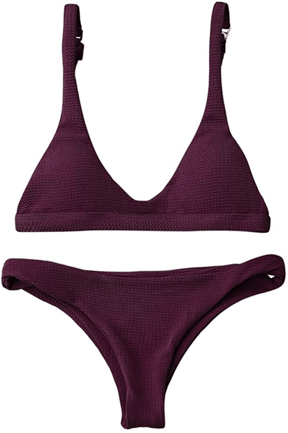 ZAFUL Women Padded Scoop Neck 2 Pieces Push Up Swimsuit Revealing Thong Bikinis V Bottom Style Brazilian Bottom Bra Sets Apparel & Accessories > Clothing > Swimwear ZAFUL Merlot Large 