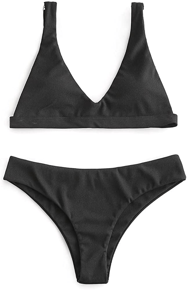 ZAFUL Women Padded Scoop Neck 2 Pieces Push Up Swimsuit Revealing Thong Bikinis V Bottom Style Brazilian Bottom Bra Sets Apparel & Accessories > Clothing > Swimwear ZAFUL A-ribbed Black Large 