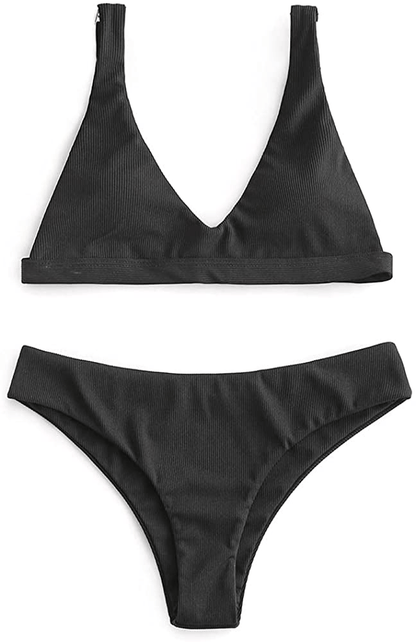 ZAFUL Women Padded Scoop Neck 2 Pieces Push Up Swimsuit Revealing Thong Bikinis V Bottom Style Brazilian Bottom Bra Sets Apparel & Accessories > Clothing > Swimwear ZAFUL A-ribbed Black Large 