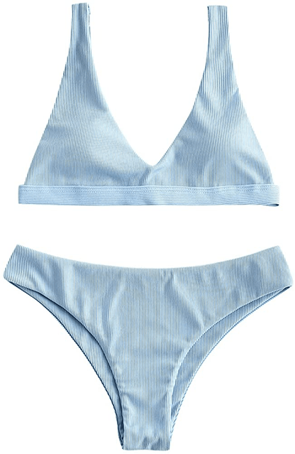 ZAFUL Women Padded Scoop Neck 2 Pieces Push Up Swimsuit Revealing Thong Bikinis V Bottom Style Brazilian Bottom Bra Sets Apparel & Accessories > Clothing > Swimwear ZAFUL A-ribbed Light Blue Small 