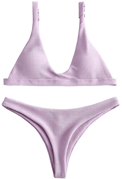 ZAFUL Women Padded Scoop Neck 2 Pieces Push Up Swimsuit Revealing Thong Bikinis V Bottom Style Brazilian Bottom Bra Sets Apparel & Accessories > Clothing > Swimwear ZAFUL Lilac Small 
