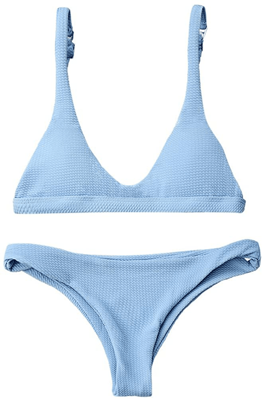 ZAFUL Women Padded Scoop Neck 2 Pieces Push Up Swimsuit Revealing Thong Bikinis V Bottom Style Brazilian Bottom Bra Sets Apparel & Accessories > Clothing > Swimwear ZAFUL Blue Medium 