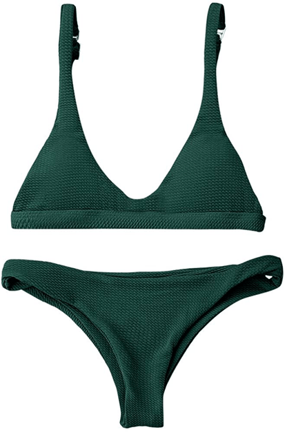ZAFUL Women Padded Scoop Neck 2 Pieces Push Up Swimsuit Revealing Thong Bikinis V Bottom Style Brazilian Bottom Bra Sets Apparel & Accessories > Clothing > Swimwear ZAFUL Green Medium 