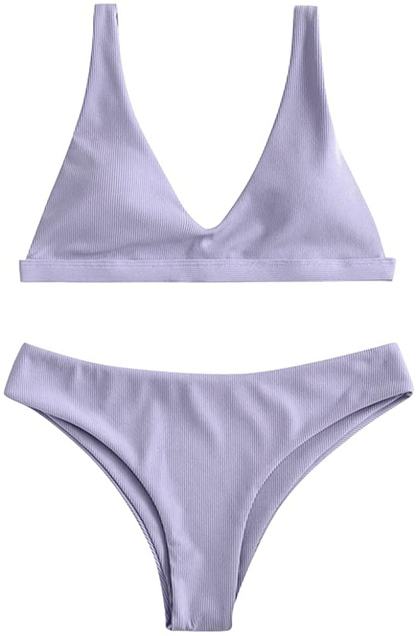 ZAFUL Women Padded Scoop Neck 2 Pieces Push Up Swimsuit Revealing Thong Bikinis V Bottom Style Brazilian Bottom Bra Sets Apparel & Accessories > Clothing > Swimwear ZAFUL A-ribbed Lavender Medium 