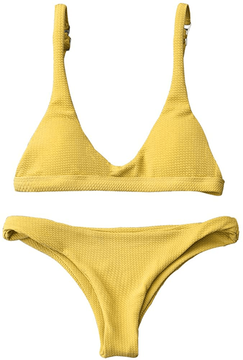 ZAFUL Women Padded Scoop Neck 2 Pieces Push Up Swimsuit Revealing Thong Bikinis V Bottom Style Brazilian Bottom Bra Sets Apparel & Accessories > Clothing > Swimwear ZAFUL Yellow Medium 