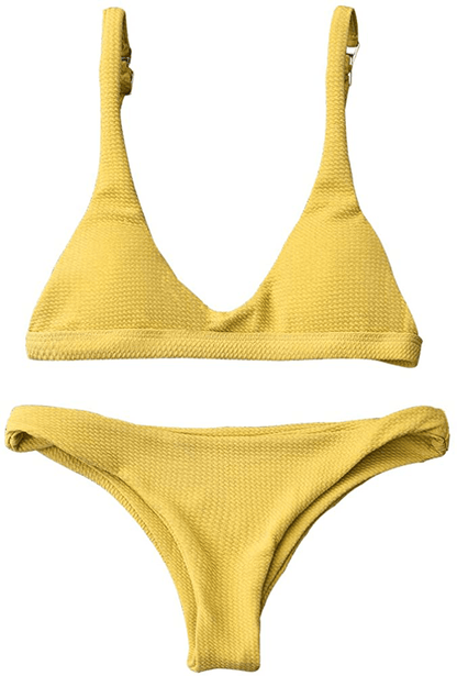 ZAFUL Women Padded Scoop Neck 2 Pieces Push Up Swimsuit Revealing Thong Bikinis V Bottom Style Brazilian Bottom Bra Sets Apparel & Accessories > Clothing > Swimwear ZAFUL Yellow Medium 