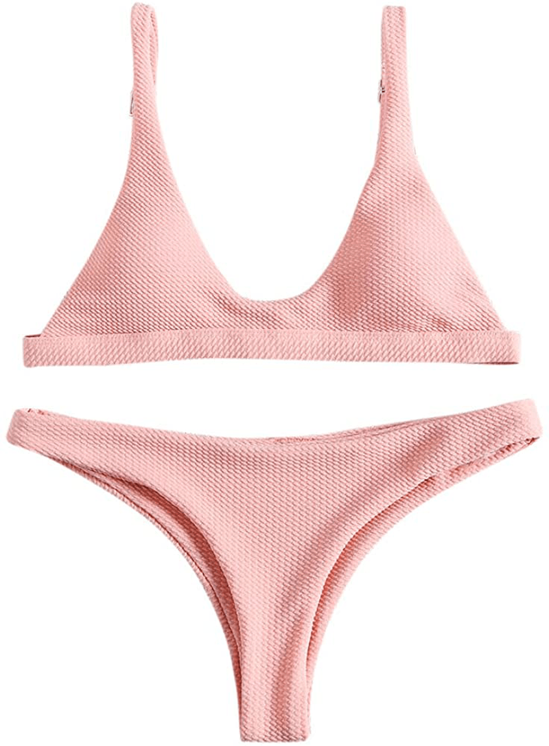 ZAFUL Women Padded Scoop Neck 2 Pieces Push Up Swimsuit Revealing Thong Bikinis V Bottom Style Brazilian Bottom Bra Sets Apparel & Accessories > Clothing > Swimwear ZAFUL Pink Medium 