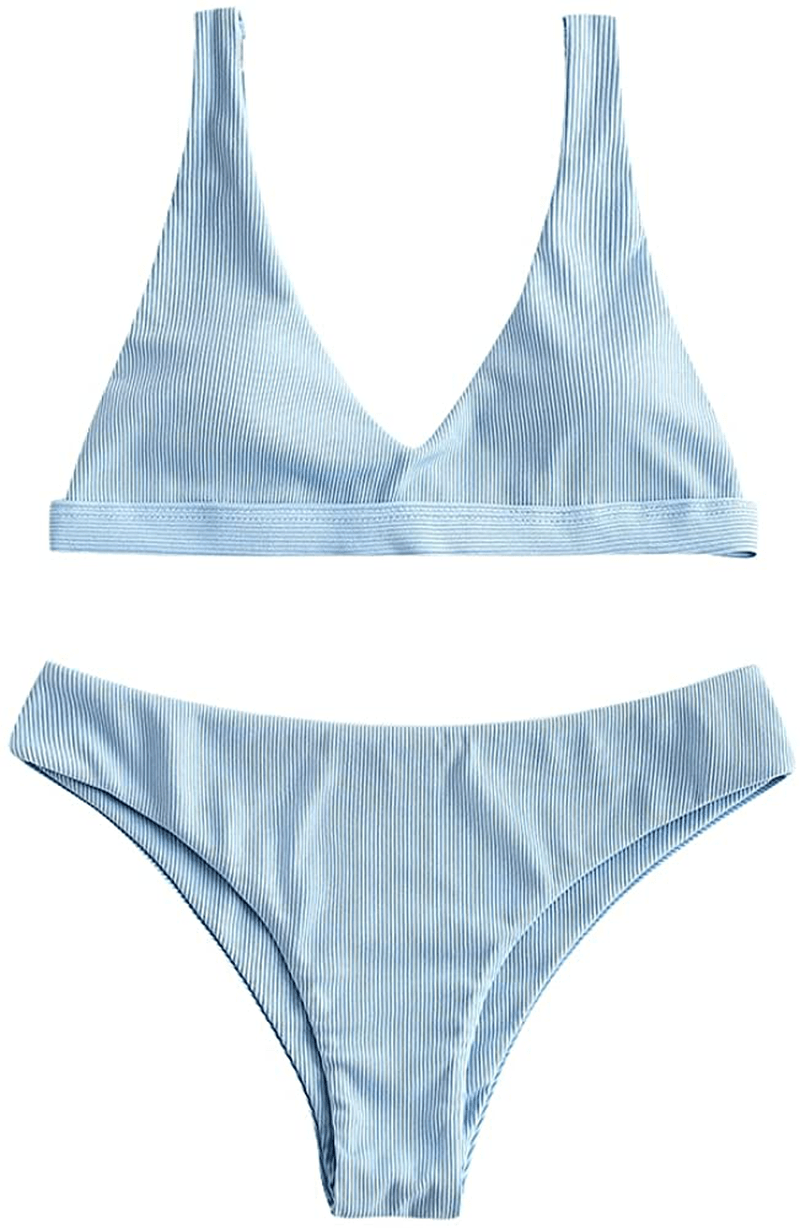 ZAFUL Women Padded Scoop Neck 2 Pieces Push Up Swimsuit Revealing Thong Bikinis V Bottom Style Brazilian Bottom Bra Sets Apparel & Accessories > Clothing > Swimwear ZAFUL A-ribbed Light Blue Small 