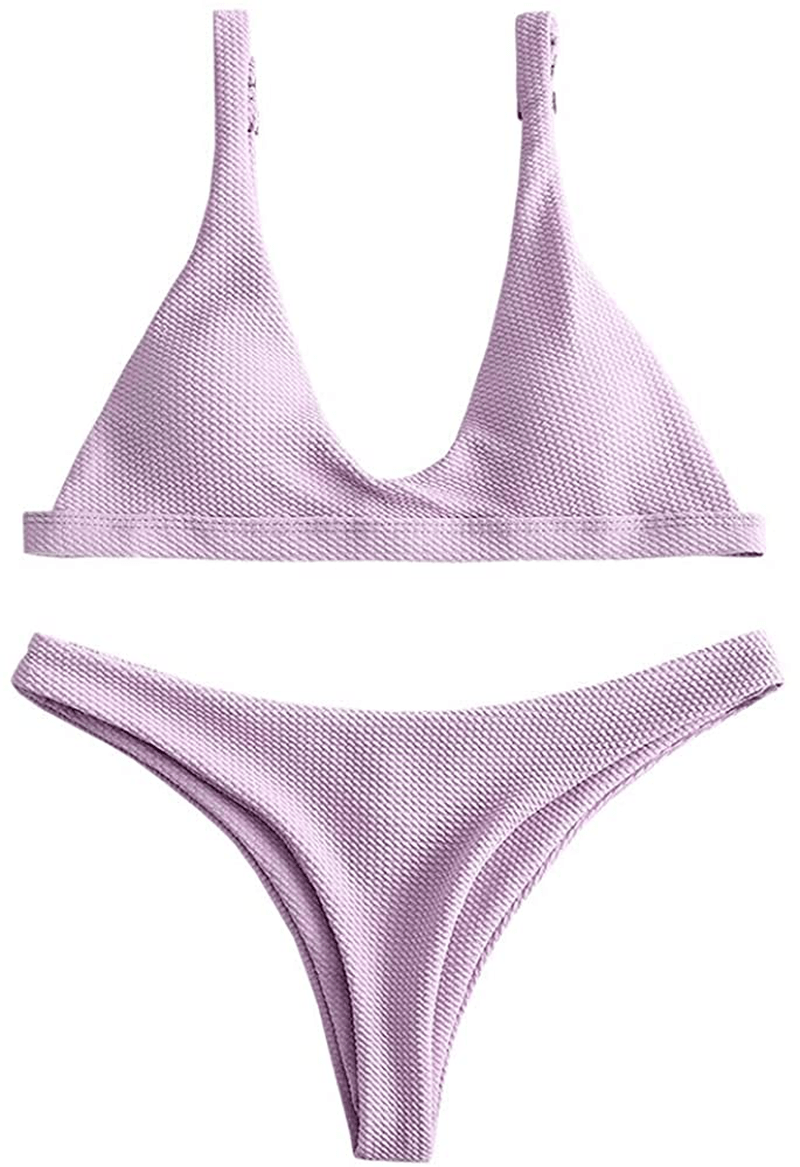 ZAFUL Women Padded Scoop Neck 2 Pieces Push Up Swimsuit Revealing Thong Bikinis V Bottom Style Brazilian Bottom Bra Sets Apparel & Accessories > Clothing > Swimwear ZAFUL Lilac Small 