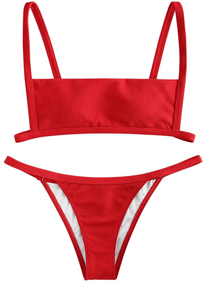 ZAFUL Women Ribbed Square Collar Bikini Swimwear with Removable Padded Apparel & Accessories > Clothing > Swimwear ZAFUL Lava Red Small 