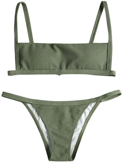 ZAFUL Women Ribbed Square Collar Bikini Swimwear with Removable Padded Apparel & Accessories > Clothing > Swimwear ZAFUL Forest Green Large 
