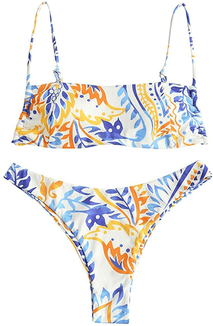 ZAFUL Women Ribbed Square Collar Bikini Swimwear with Removable Padded Apparel & Accessories > Clothing > Swimwear ZAFUL White-leaf Print Medium 