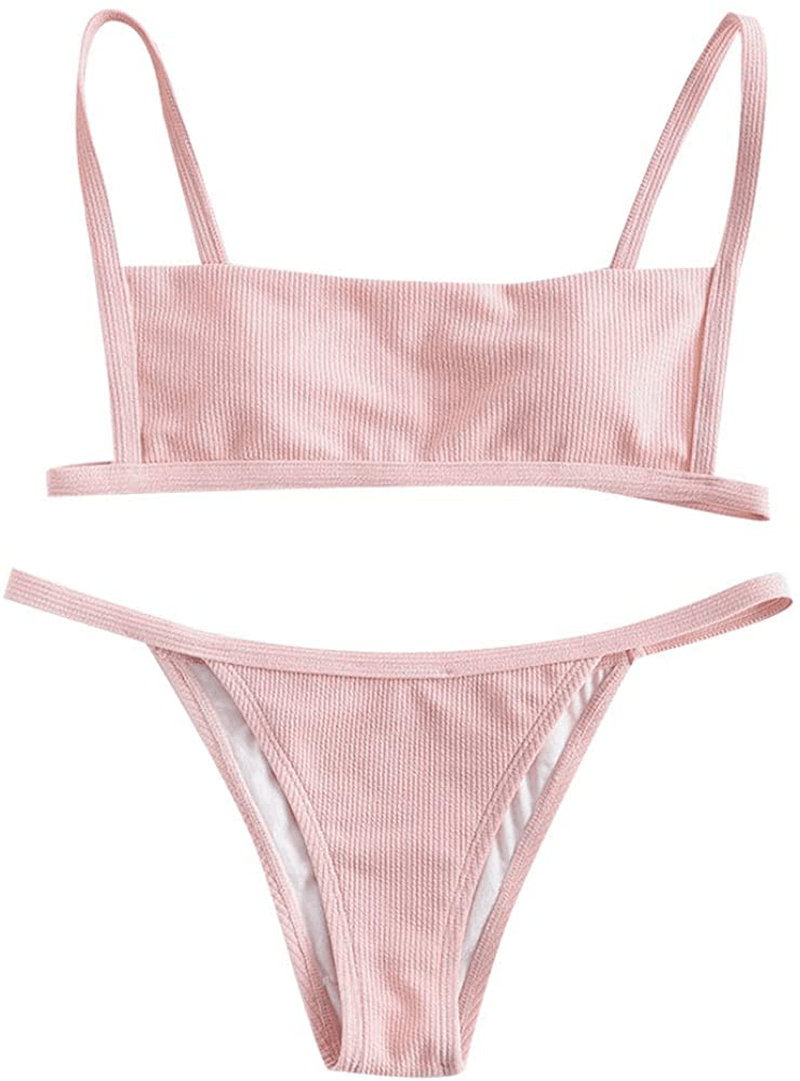 ZAFUL Women Ribbed Square Collar Bikini Swimwear with Removable Padded Apparel & Accessories > Clothing > Swimwear ZAFUL Pig Pink Medium 