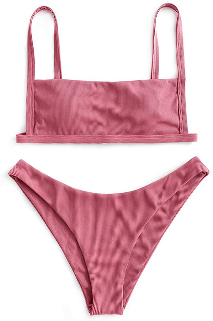 ZAFUL Women Ribbed Square Collar Bikini Swimwear with Removable Padded Apparel & Accessories > Clothing > Swimwear ZAFUL Pale Violet Red Small 