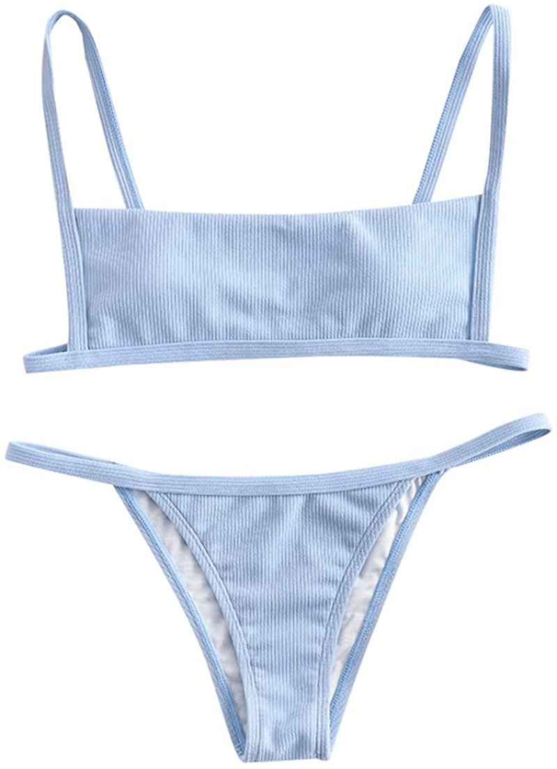 ZAFUL Women Ribbed Square Collar Bikini Swimwear with Removable Padded Apparel & Accessories > Clothing > Swimwear ZAFUL Light Blue Large 