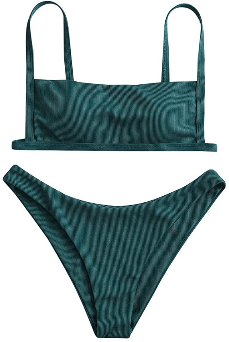 ZAFUL Women Ribbed Square Collar Bikini Swimwear with Removable Padded Apparel & Accessories > Clothing > Swimwear ZAFUL Peacock Blue Medium 