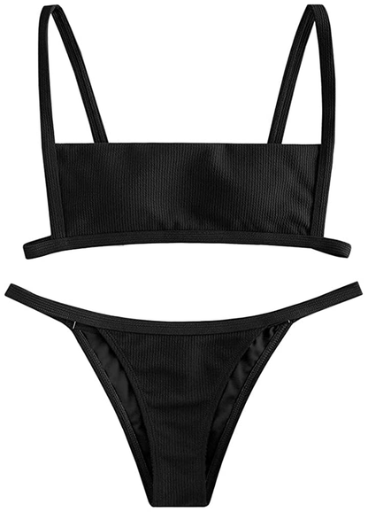 ZAFUL Women Ribbed Square Collar Bikini Swimwear with Removable Padded Apparel & Accessories > Clothing > Swimwear ZAFUL Black-b Large 