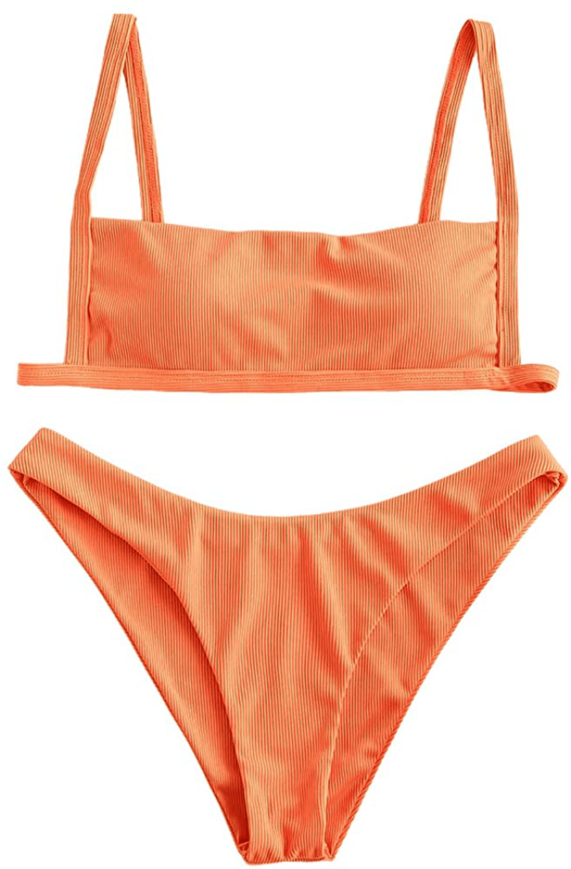 ZAFUL Women Ribbed Square Collar Bikini Swimwear with Removable Padded Apparel & Accessories > Clothing > Swimwear ZAFUL Dark Orange Small 