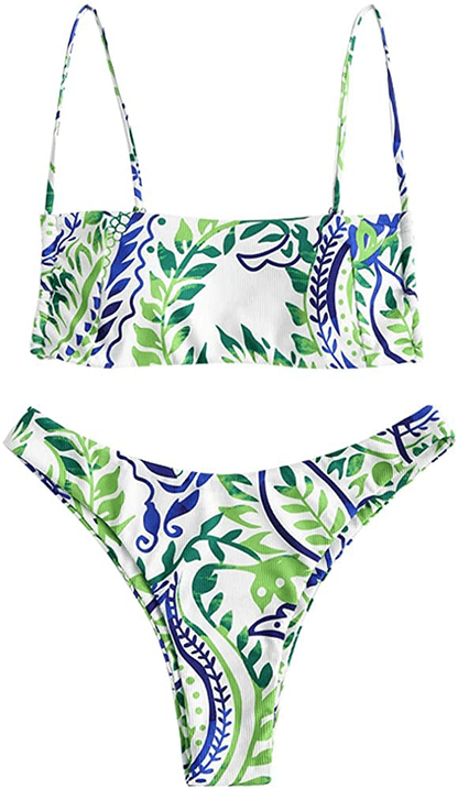 ZAFUL Women Ribbed Square Collar Bikini Swimwear with Removable Padded Apparel & Accessories > Clothing > Swimwear ZAFUL Green-leaf Print Small 