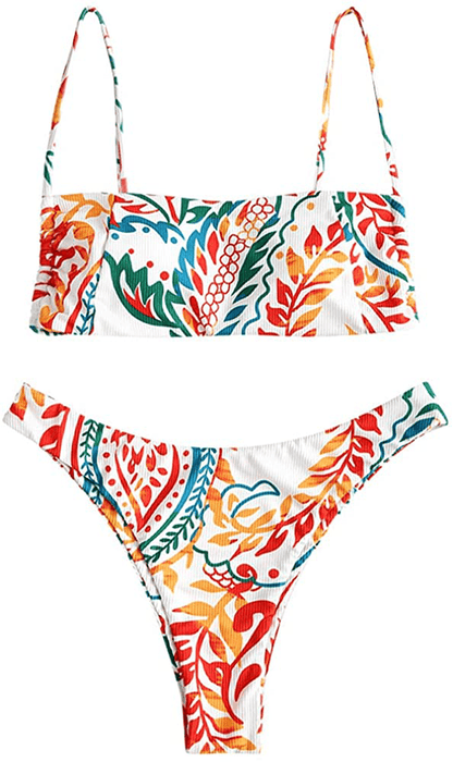 ZAFUL Women Ribbed Square Collar Bikini Swimwear with Removable Padded Apparel & Accessories > Clothing > Swimwear ZAFUL Orange-leaf Print Small 