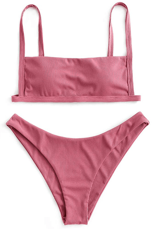 ZAFUL Women Ribbed Square Collar Bikini Swimwear with Removable Padded Apparel & Accessories > Clothing > Swimwear ZAFUL Pale Violet Red Small 