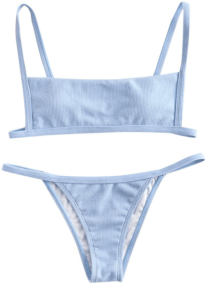 ZAFUL Women Ribbed Square Collar Bikini Swimwear with Removable Padded Apparel & Accessories > Clothing > Swimwear ZAFUL Light Blue Large 