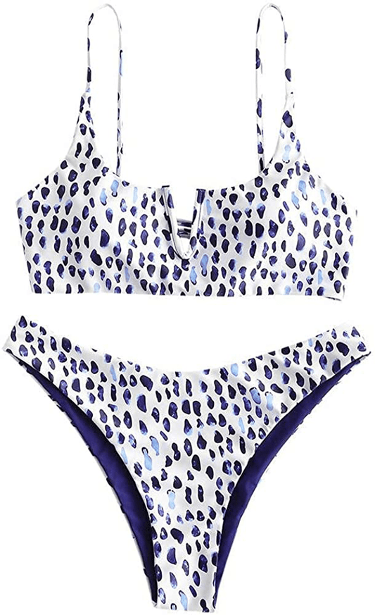 ZAFUL Women's Animal Print Bikini Ribbed Leopard Snakeskin V-Notch Swimsuit Hig Cut Bikini Set Apparel & Accessories > Clothing > Swimwear ZAFUL Multi-e Medium 