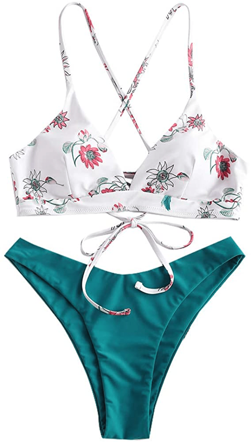 ZAFUL Women's Back Lace-up Swimsuit Flower Print Cheeky Thong Bikini Apparel & Accessories > Clothing > Swimwear ZAFUL White&silk Green-floral Medium 
