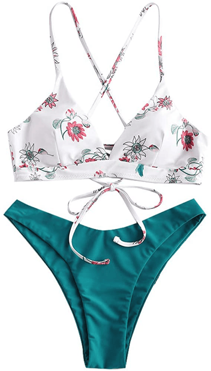 ZAFUL Women's Back Lace-up Swimsuit Flower Print Cheeky Thong Bikini Apparel & Accessories > Clothing > Swimwear ZAFUL White&silk Green-floral Medium 