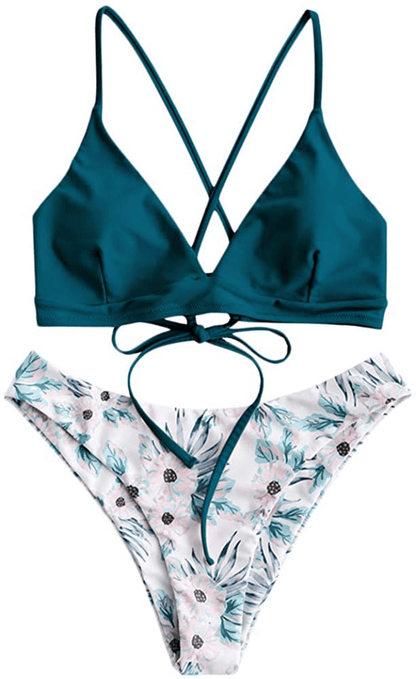 ZAFUL Women's Back Lace-up Swimsuit Flower Print Cheeky Thong Bikini Apparel & Accessories > Clothing > Swimwear ZAFUL Flower & Peacock Blue Large 