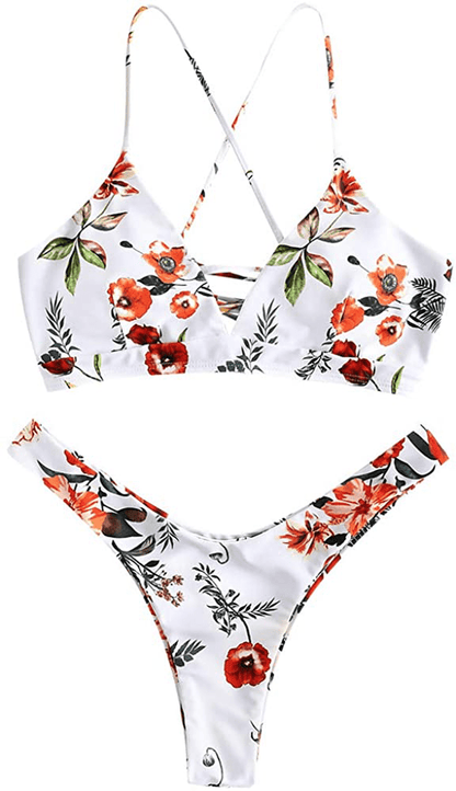 ZAFUL Women's Back Lace-up Swimsuit Flower Print Cheeky Thong Bikini Apparel & Accessories > Clothing > Swimwear ZAFUL White Small 