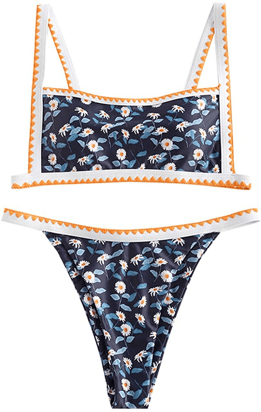 ZAFUL Women's Bohemian Swimsuit Strappy Tie Side 2 Piece Bikini Set Triangle Cheeky String Brazilian Swimwear Apparel & Accessories > Clothing > Swimwear ZAFUL Dark Blue Small 