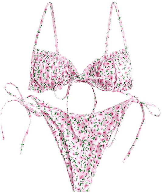 ZAFUL Women's Ditsy Floral Printed Swimsuit Knotted String Triangle Bikini Tie Side High Cut Cheeky Bikini Set Apparel & Accessories > Clothing > Swimwear ZAFUL Pink Medium 
