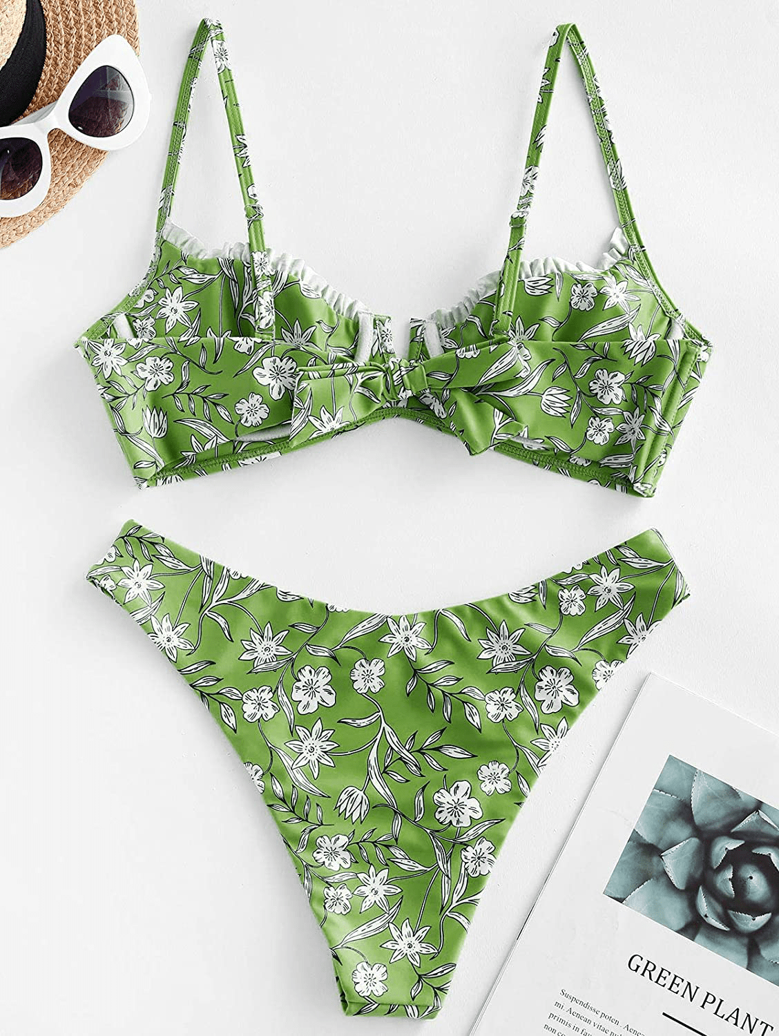 ZAFUL Women’s Floral Print Push-up V-Wire Lettuce Bikini Set High Cut Spaghetti Straps Underwire Padded Swimsuit Apparel & Accessories > Clothing > Swimwear ZAFUL   