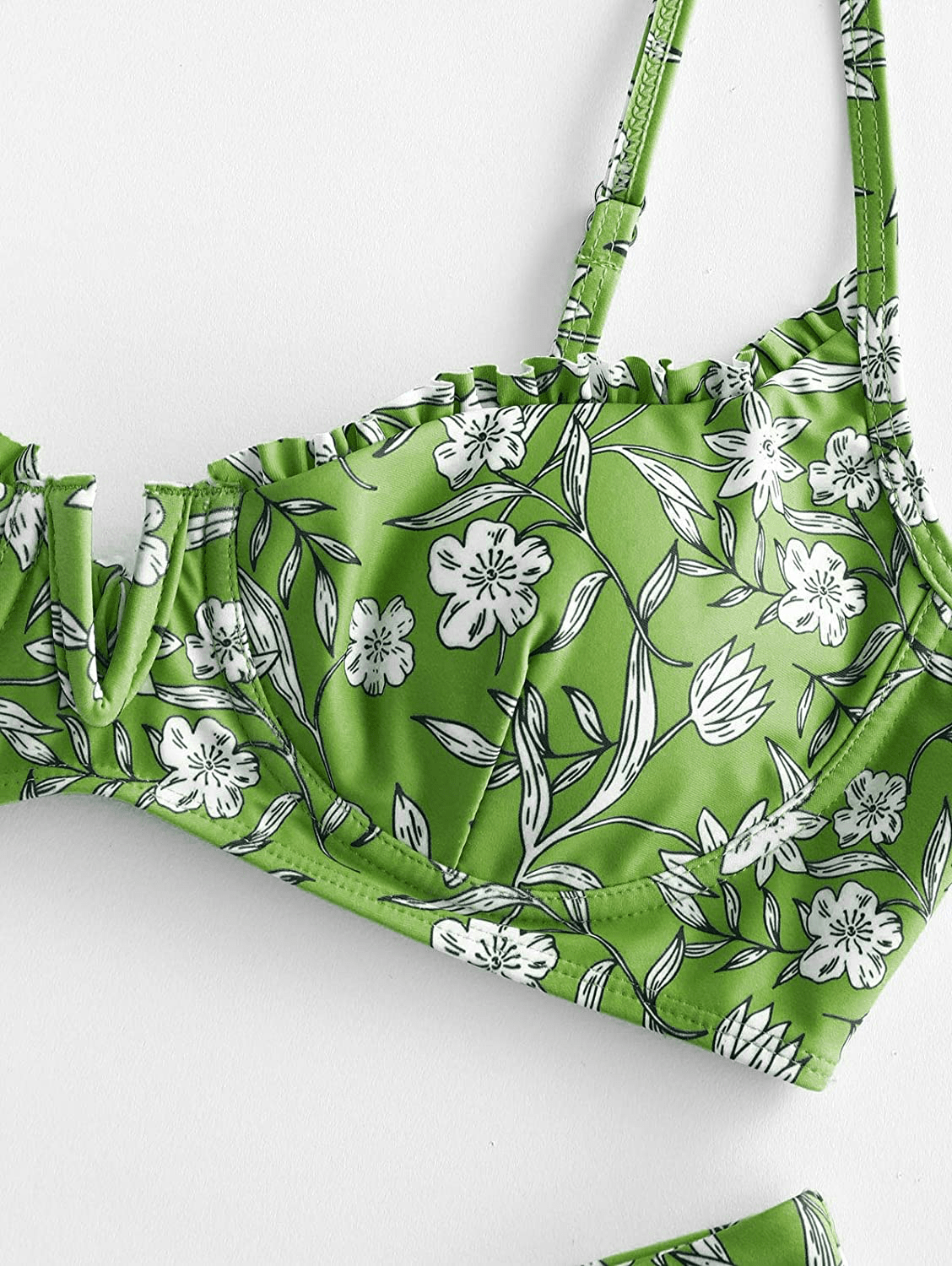 ZAFUL Women’s Floral Print Push-up V-Wire Lettuce Bikini Set High Cut Spaghetti Straps Underwire Padded Swimsuit Apparel & Accessories > Clothing > Swimwear ZAFUL   