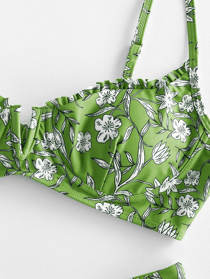 ZAFUL Women’s Floral Print Push-up V-Wire Lettuce Bikini Set High Cut Spaghetti Straps Underwire Padded Swimsuit Apparel & Accessories > Clothing > Swimwear ZAFUL   