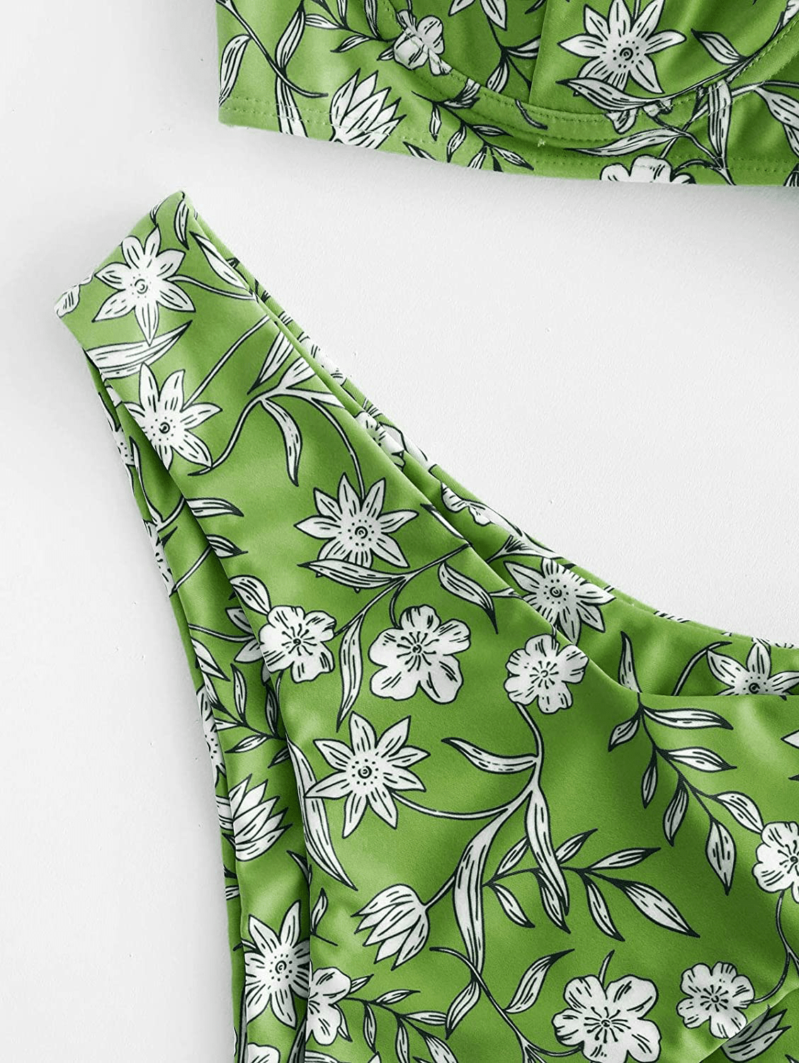 ZAFUL Women’s Floral Print Push-up V-Wire Lettuce Bikini Set High Cut Spaghetti Straps Underwire Padded Swimsuit Apparel & Accessories > Clothing > Swimwear ZAFUL   