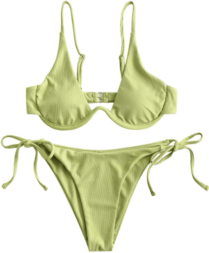 ZAFUL Women’s Floral Print Push-up V-Wire Lettuce Bikini Set High Cut Spaghetti Straps Underwire Padded Swimsuit Apparel & Accessories > Clothing > Swimwear ZAFUL Green Snake Medium 