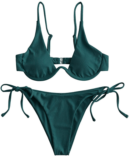 ZAFUL Women’s Floral Print Push-up V-Wire Lettuce Bikini Set High Cut Spaghetti Straps Underwire Padded Swimsuit Apparel & Accessories > Clothing > Swimwear ZAFUL Peacock Blue Small 