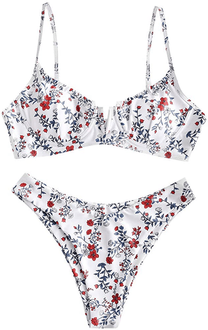 ZAFUL Women’s Floral Print Push-up V-Wire Lettuce Bikini Set High Cut Spaghetti Straps Underwire Padded Swimsuit Apparel & Accessories > Clothing > Swimwear ZAFUL White-floral Small 
