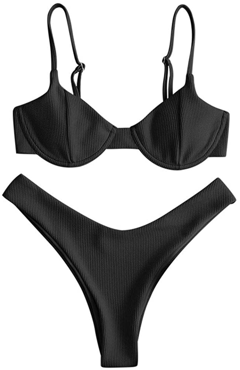 ZAFUL Women’s Floral Print Push-up V-Wire Lettuce Bikini Set High Cut Spaghetti Straps Underwire Padded Swimsuit Apparel & Accessories > Clothing > Swimwear ZAFUL Black Large 