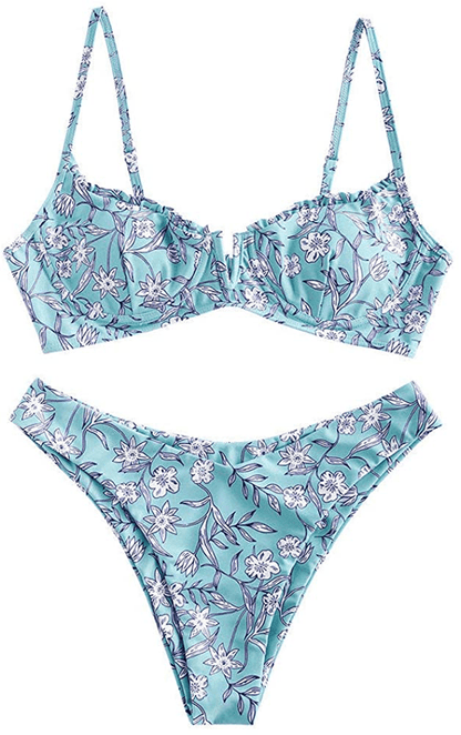 ZAFUL Women’s Floral Print Push-up V-Wire Lettuce Bikini Set High Cut Spaghetti Straps Underwire Padded Swimsuit Apparel & Accessories > Clothing > Swimwear ZAFUL Celeste Small 