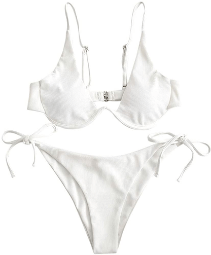 ZAFUL Women’s Floral Print Push-up V-Wire Lettuce Bikini Set High Cut Spaghetti Straps Underwire Padded Swimsuit Apparel & Accessories > Clothing > Swimwear ZAFUL White Medium 