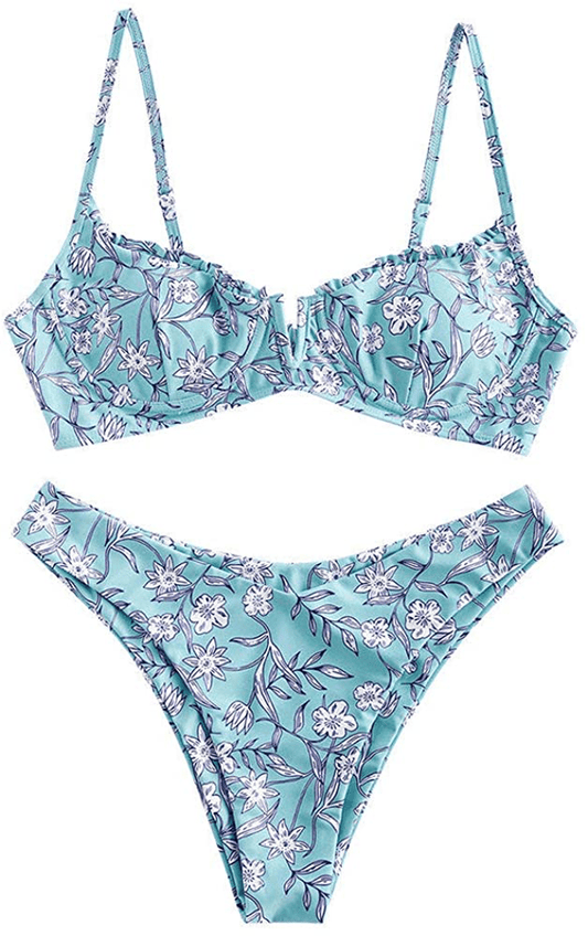 ZAFUL Women’s Floral Print Push-up V-Wire Lettuce Bikini Set High Cut Spaghetti Straps Underwire Padded Swimsuit Apparel & Accessories > Clothing > Swimwear ZAFUL Celeste Small 