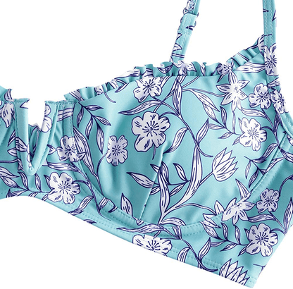 ZAFUL Women’s Floral Print Push-up V-Wire Lettuce Bikini Set High Cut Spaghetti Straps Underwire Padded Swimsuit Apparel & Accessories > Clothing > Swimwear ZAFUL   