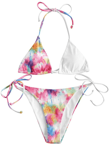 ZAFUL Women's Halter Neck Tie Side String Triangle Bikini Set Two Piece Swimsuit Apparel & Accessories > Clothing > Swimwear ZAFUL Ribbed-light Pink Small 